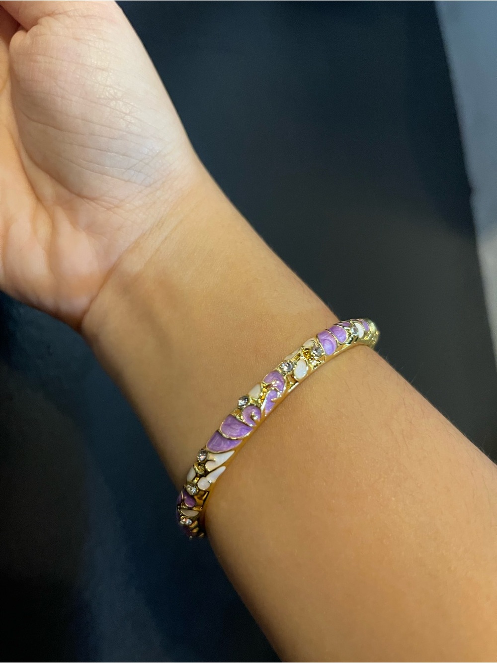 Gold-Tone Purple & White Enamel Floral Bangle Bracelet